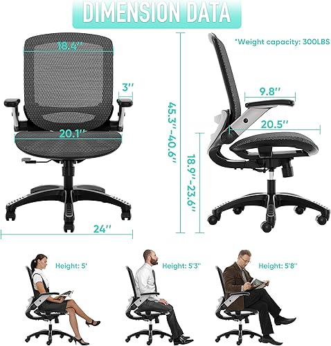Miniatura 3 de GABRYLLY Silla de oficina ergonómica, silla de escritorio de malla, soporte lumbar y brazos abatibles ajustables, asiento ancho suave, inclinación