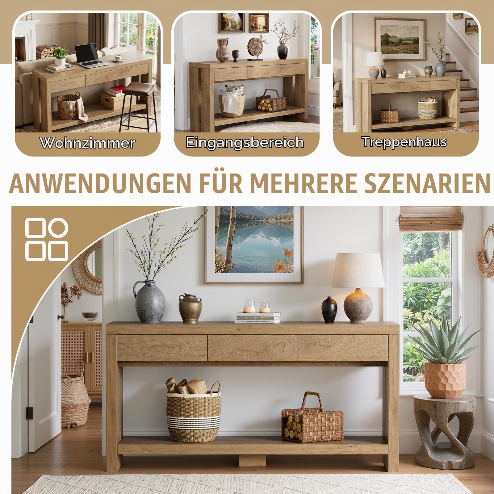 Konsolentisch mit 3 Schubladen Schmaler Eingangstisch 140CM Langer Sofatisch mit Stauraum Beistelltisch 29.5CM Breit Flurtisch hinter dem Sofa 2 Ebenen Ausstellungstisch für Wohnzimmer, Flur, Eingang