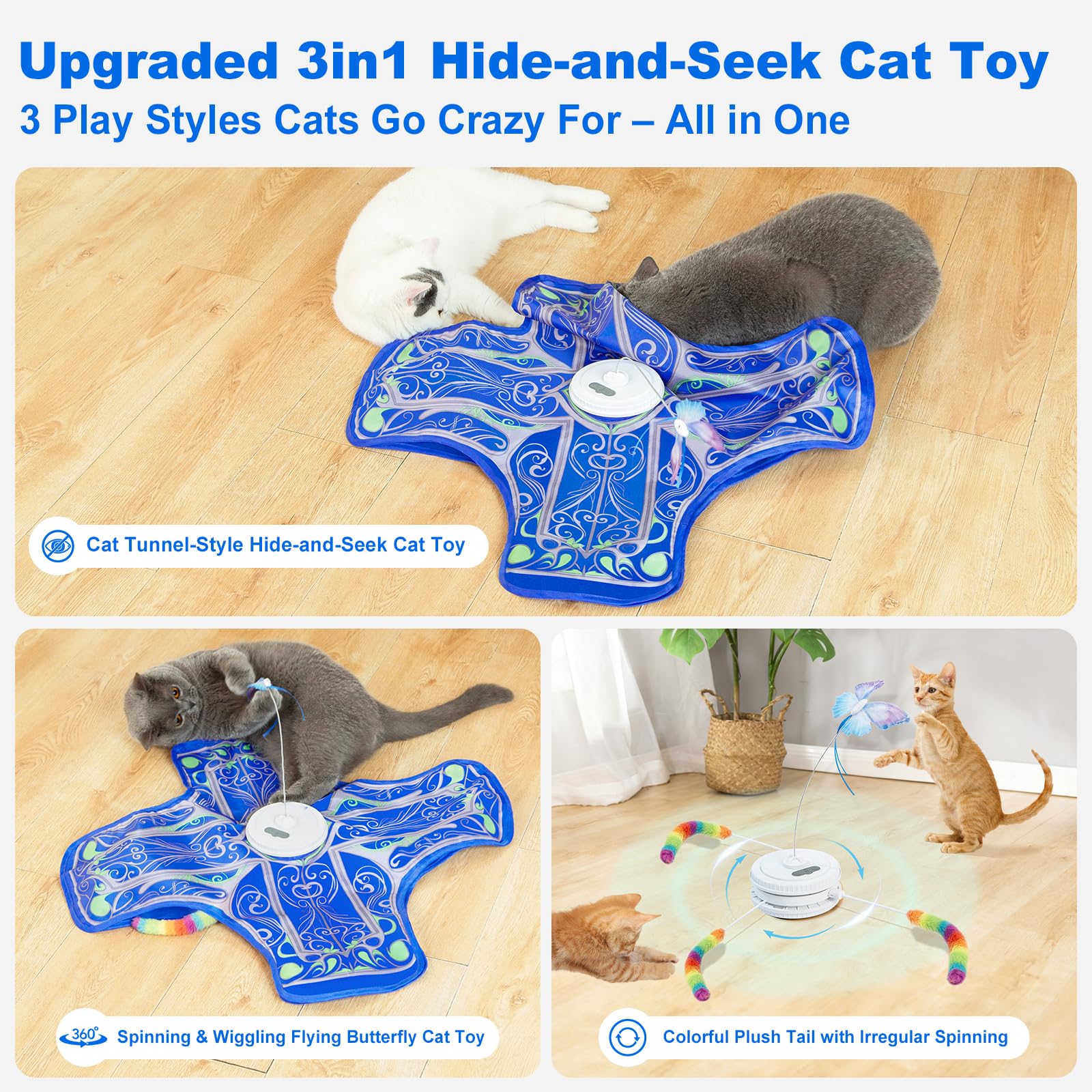 Interactive Cat Toys for Indoor Cats,[Newly Upgraded] Rechargeable Touch Activated Hide and Seek Kitten Toys for Bored Indoor Adult Cats with Fluttering (Blue)