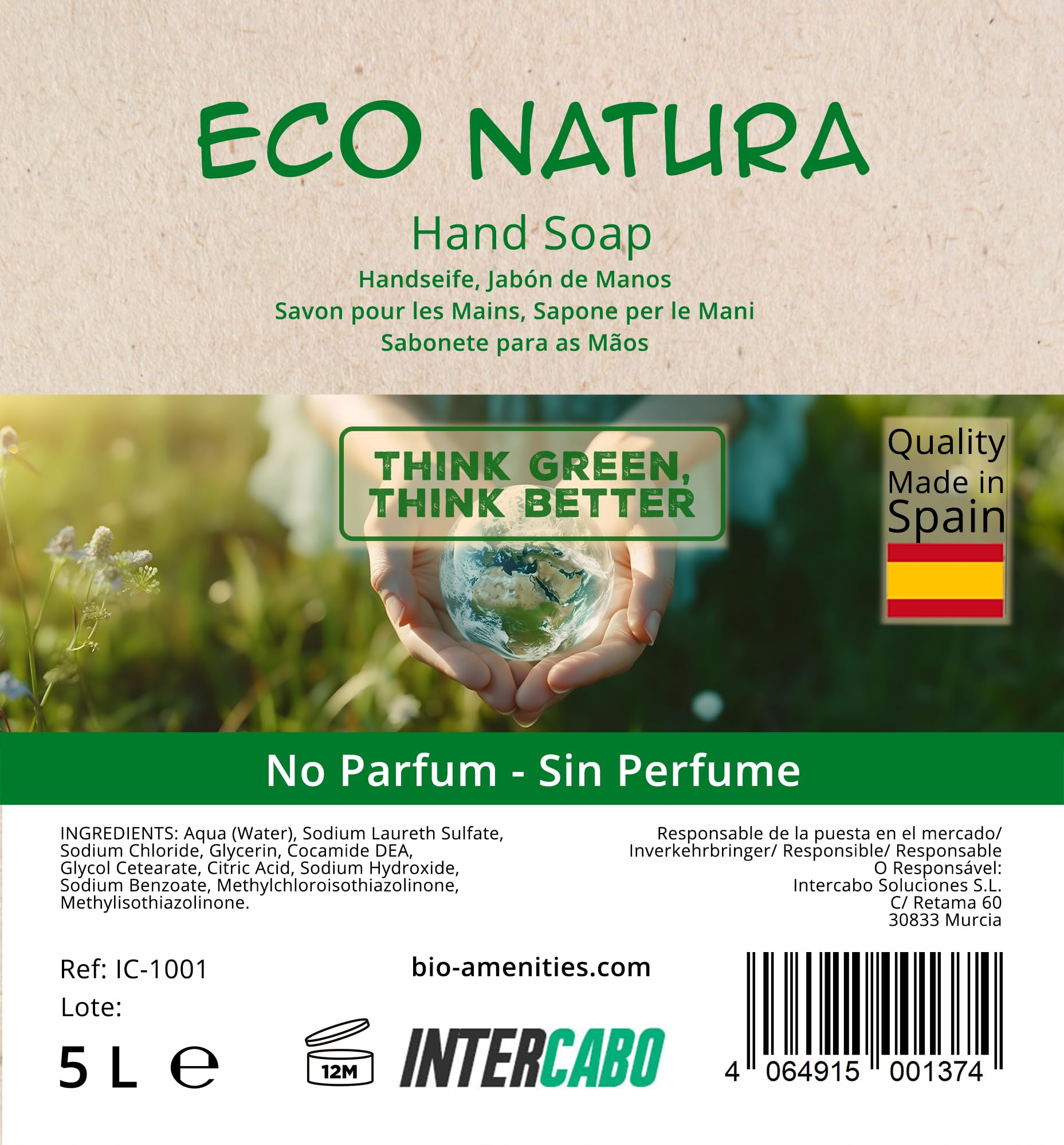 Sapone Mani Liquido 4 x 5 L Eco Natura • Ricarica Senza Profumo per Dispenser • Formula Delicata e Neutra • Per Hotel, Scuole, Uffici e Ambienti Professionali