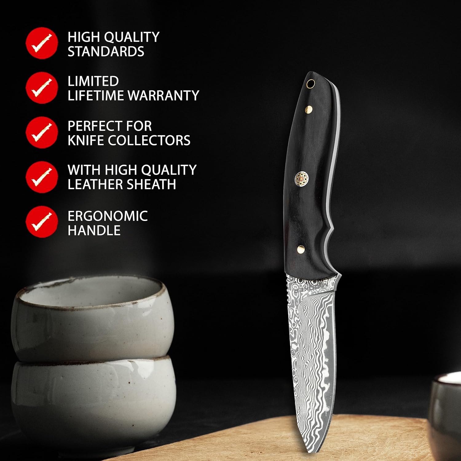BOKER MAGNUM® Vernery Damascus Knife - Fixed Blade Hunting Knife with 67-Layer Damascus Blade – Ebony Wood Handle – Includes Black Leather Sheath