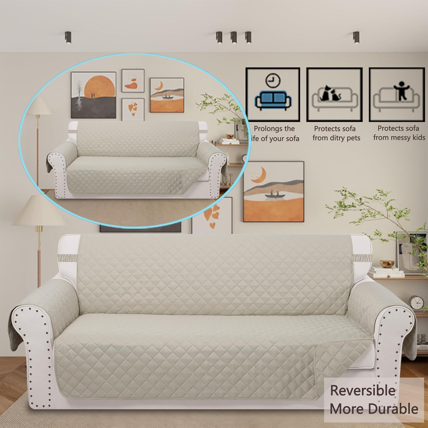 reversible oversized sofa covers couch cover furniture protector for dogs elastic straps water resistant(xlsofa,beige/beige) beige/beige sofa xl-xl large(78")