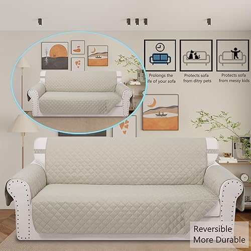 Miniatura 2 de Fundas de sofá reversibles de gran tamaño, protector de muebles para perros, correas elásticas, resistentes al agua (sofá XL, beigebeige)