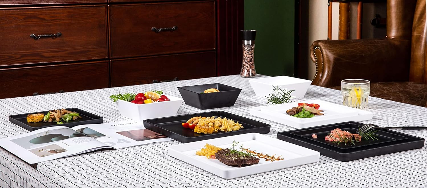  | Dinnerware Sets - 12pcs Melamine Dinnerware Sets Plates and Bowls Set for Daily Use, Square, Black & White, Service for 4: Dinnerware Sets