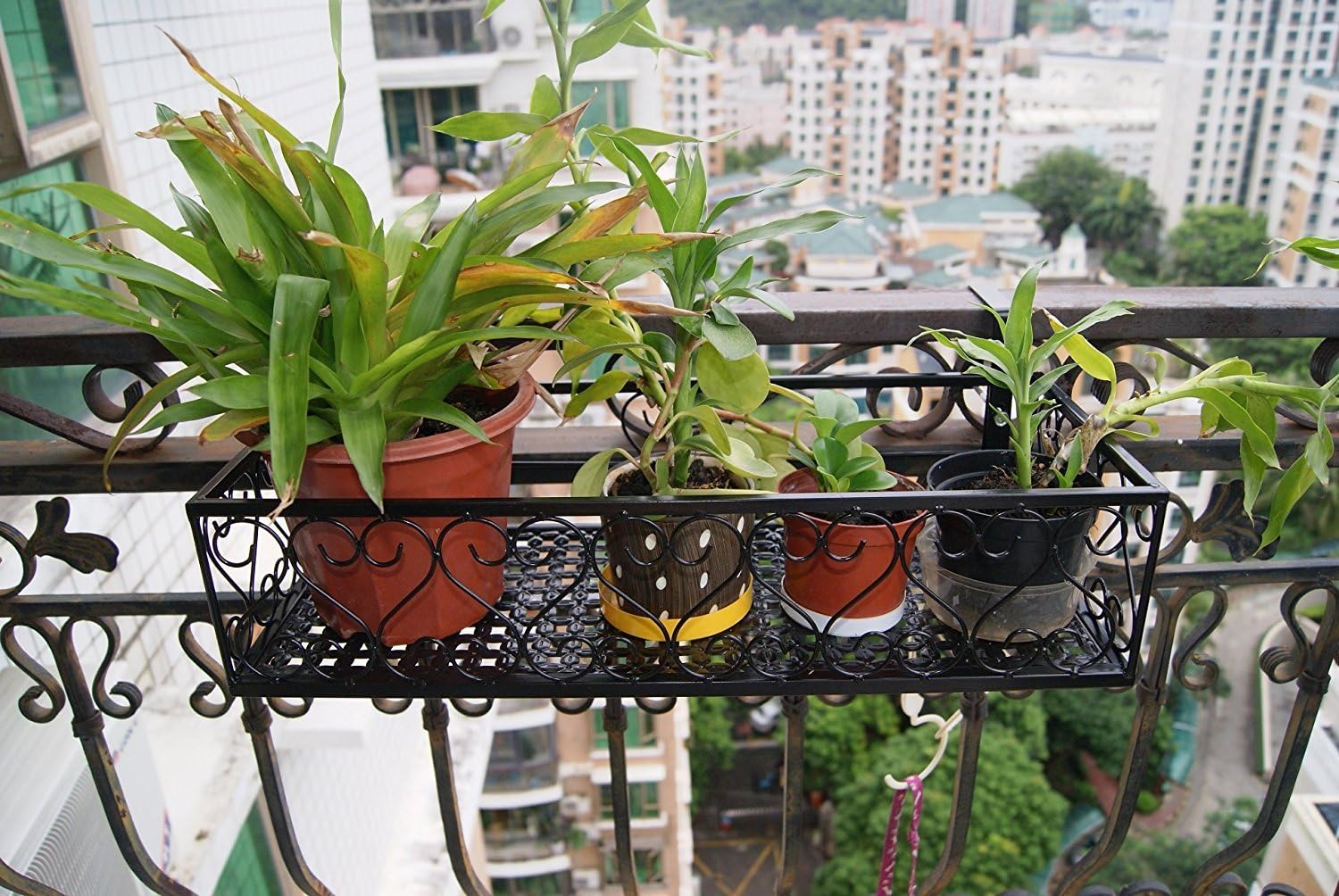 Balcony Flower Pot Stand | Hanging Over Railing Flower Planter Deck | Plant Basket Holder Anti-Rust Coated Iron Black 19.7"(50CM)