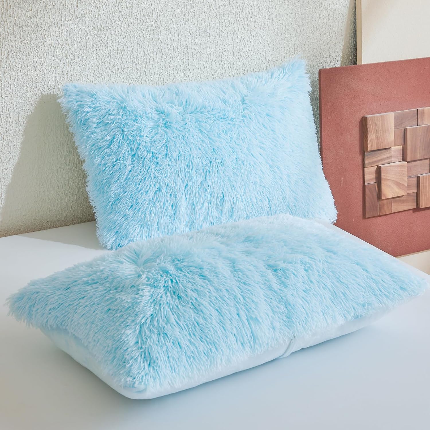 Fluffy Plush Duvet Cover Set, Luxury Ultra Soft Faux Fur Blue Comforter Cover 3 Pieces (1 Fuzzy Cover + 2 Shaggy Pillowcases), Zipper Closure (Queen, Blue)