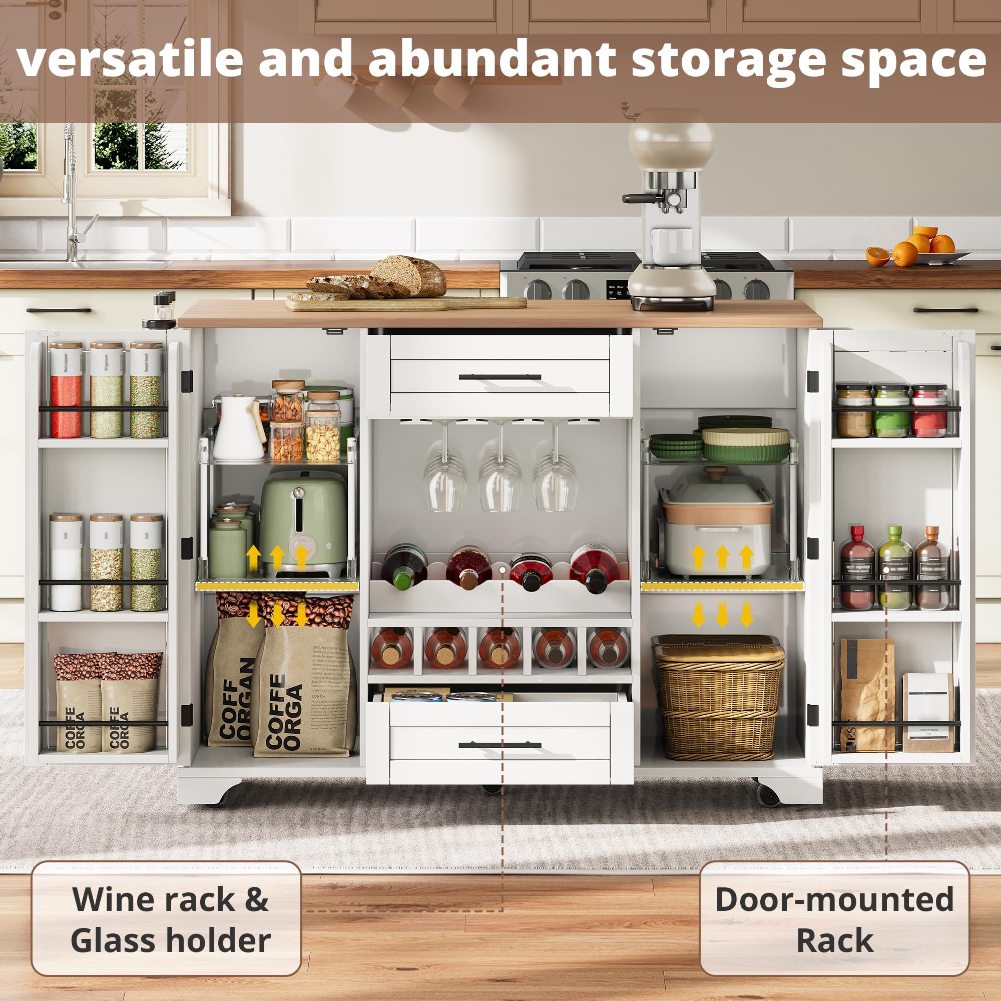 Isla De Cocina Móvil con Ruedas, Carro de Cocina con Mesa de Comedor Extensible, Mueble Auxiliar Cocina con Botellero, Soporte para Vasos, Estante para Especias y Toallero, 120x45x92cm (Blanco)