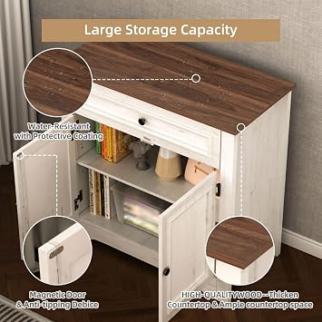 Buffet Cabinet with Storage and Drawer,Sideboard Coffee Bar with Adjustable Shelves and Doors, White Accent Cabinet Credenza Console Organizer Modern Coffee Bar for Kitchen Dining Room Living Room