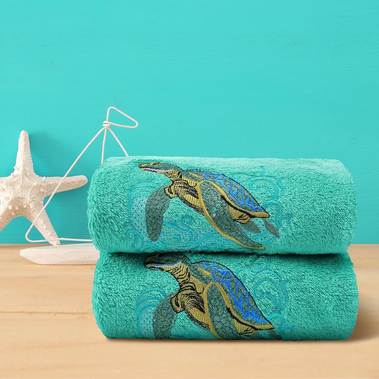 2 Pcs Sea Turtle Hand Towels Teal Bathroom Decor 14x29 Inch Embroidered 100% Cotton Soft Absorbent Spring Summer Decorative Hand Towels for Bathroom Kitchen - Image 6