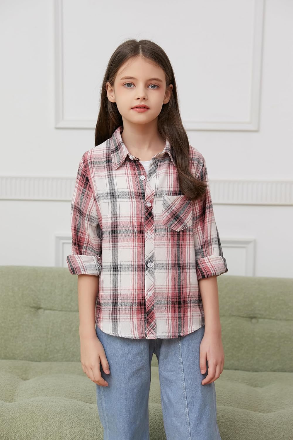 Betusline Girls' Flannel Plaid Shirt Button Down Long Sleeved Shirts - Image 2