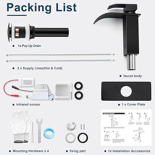 Miniatura 7 de Herogo - Grifo de lavabo de baño sin contacto, sensor automático, color negro mate, cascada de acero inoxidable, con drenaje desplegable de latón