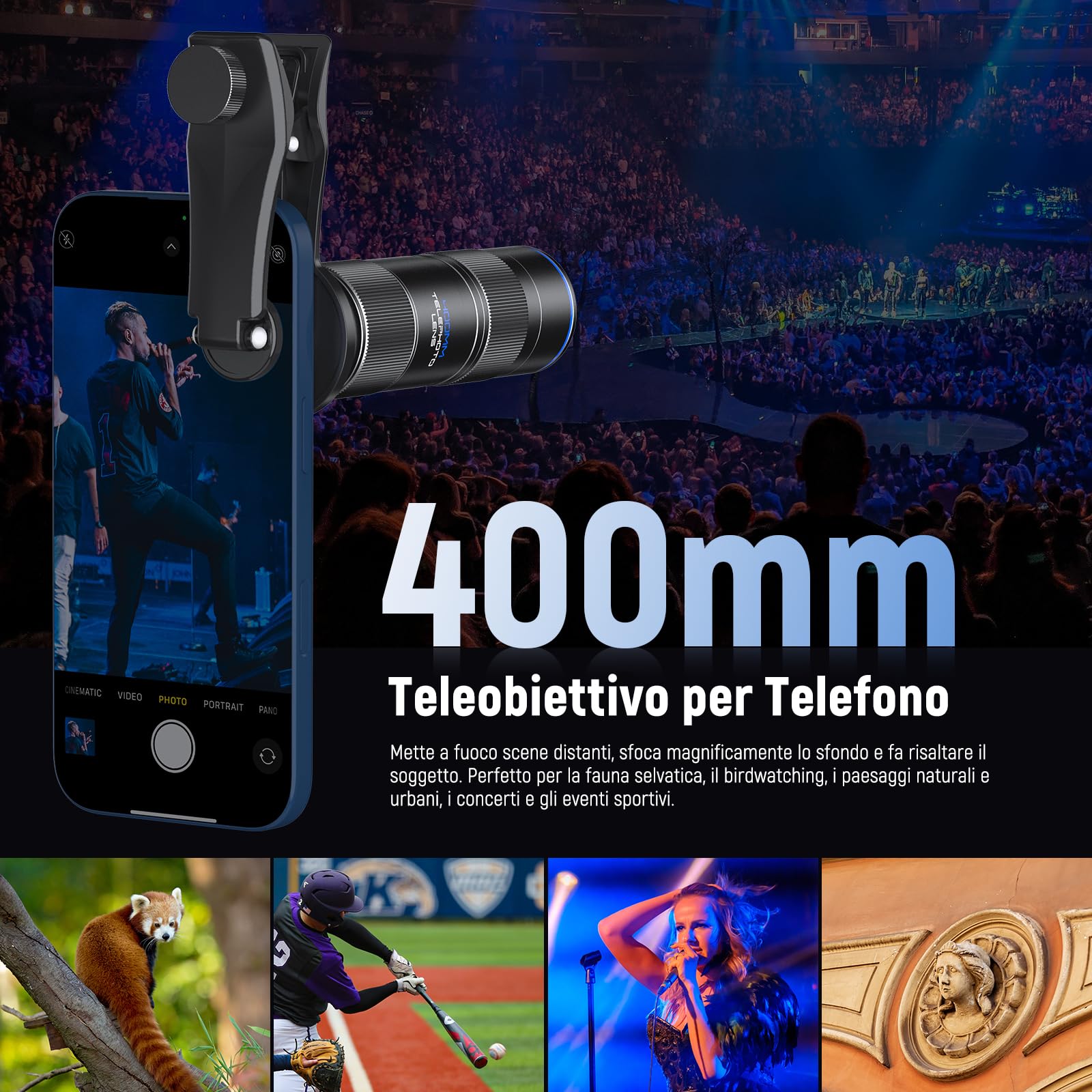 Neewer 400mm Telephoto Lens per smartphone - Foco macro e zoom 2x - Dettaglio