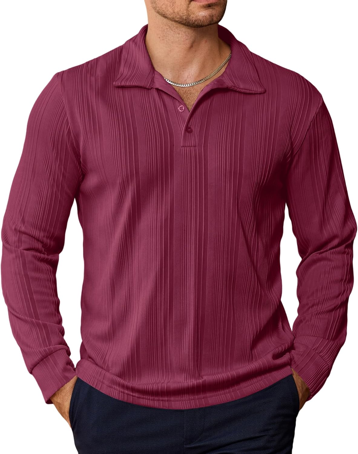 Rela Bota Mens Knit Polo Shirts Long Sleeve Fashion Textured Sweaters Casual Thermal Stretchy Collared Dress Golf Shirt