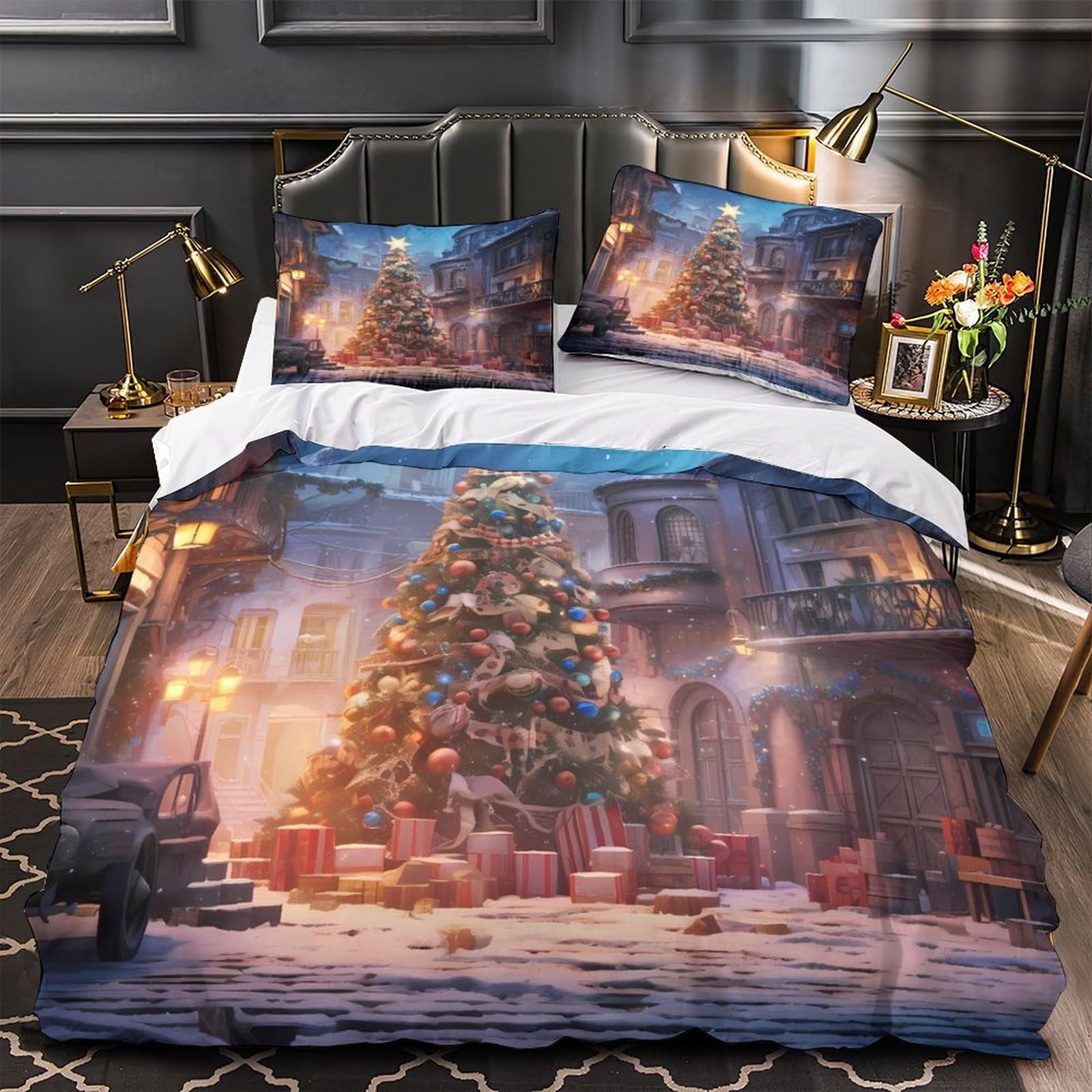 ChristmasTree Quilt Cover 3D Design Printed Super Soft 3 Pcs Bedding Set Zipper FestiveUrbanScene Comforter Cover Ultra Soft Washable for Kids Adults Women Teens Youth Boys Single（135x200cm）