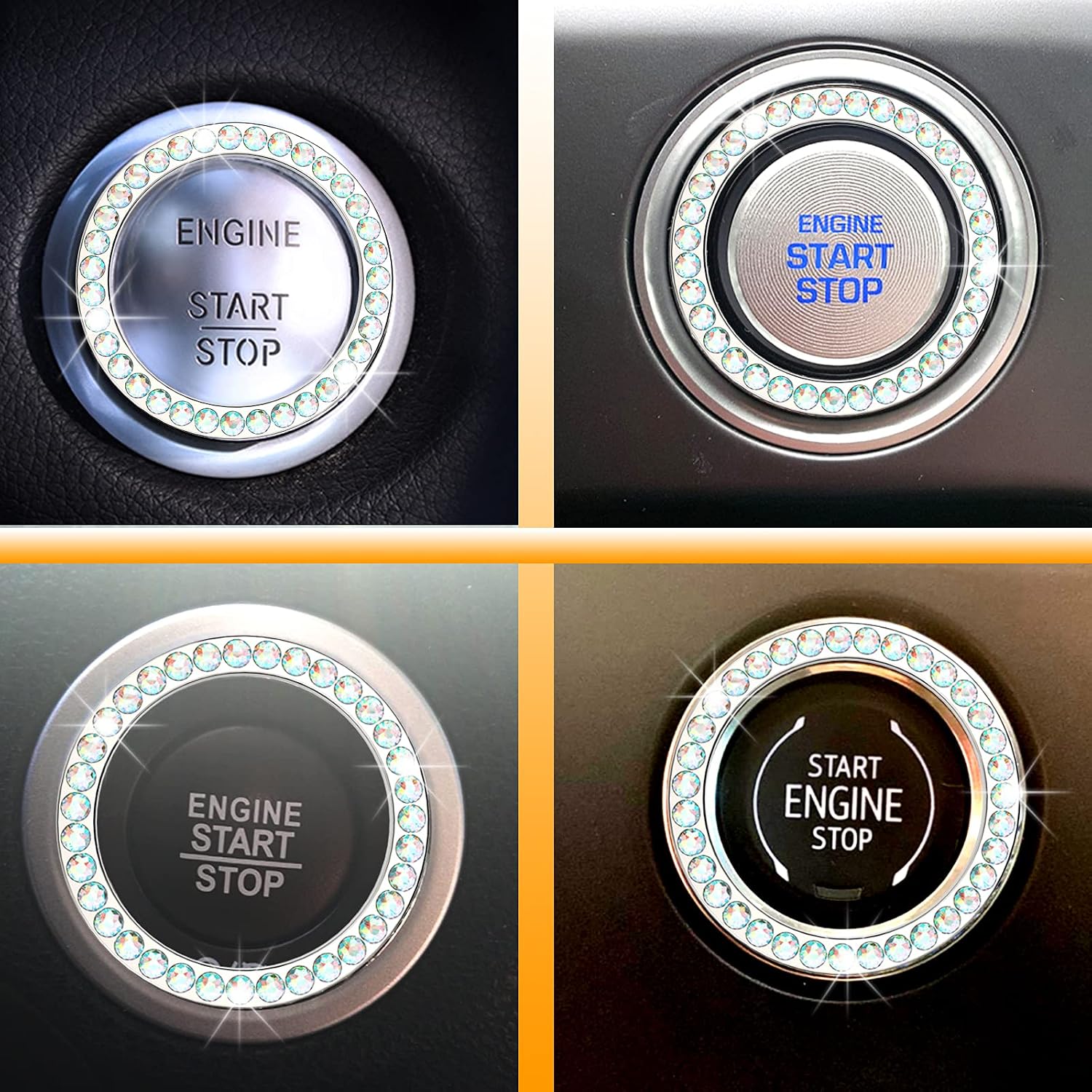 Anourney Colorful Bling Crystal Rhinestone Car Engine Ignition Button Ring, Emblem Sticker, Girly Car Interior Accessory Decoration for Push to Start Button Cover, AC Control Knob,Car Shift Cover