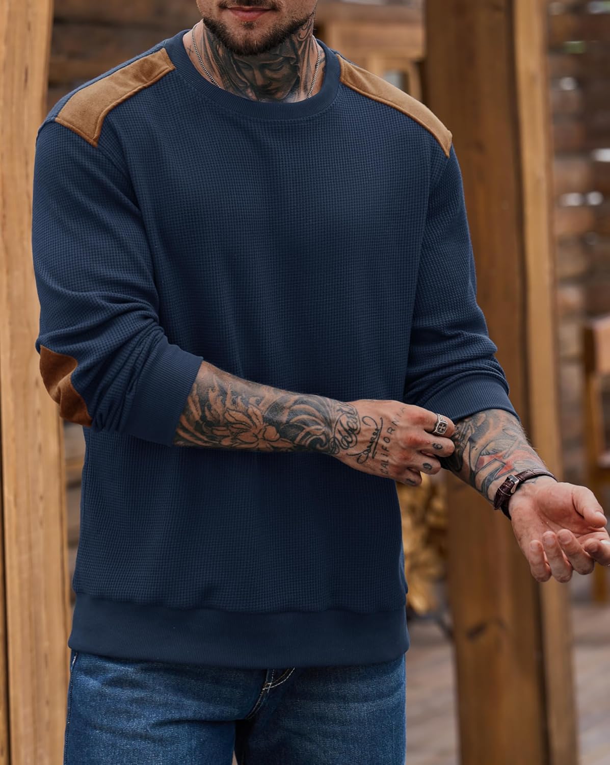 Men Waffle Elbow Patch Shirt Western Long Sleeve Fall Pullover(S-2XL) - Image 3