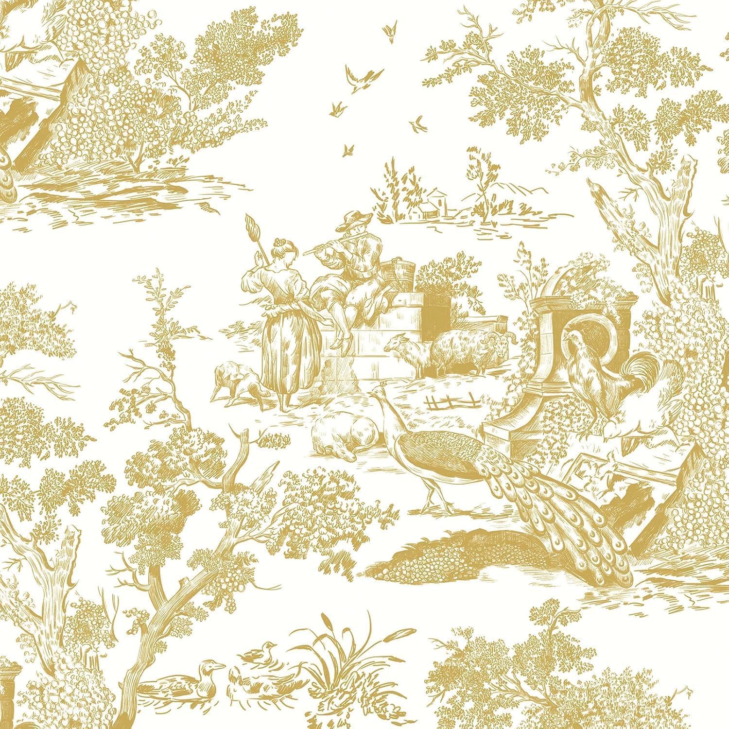 Samoprzylepna tapeta ścienna w stylu vintage, biała i złota, 41 cm x 20 m, folia samoprzylepna, drzewo i zwierzęta, wodoszczelna, folia ochronna na ścianę, zdejmowana, winylowa folia do mebli