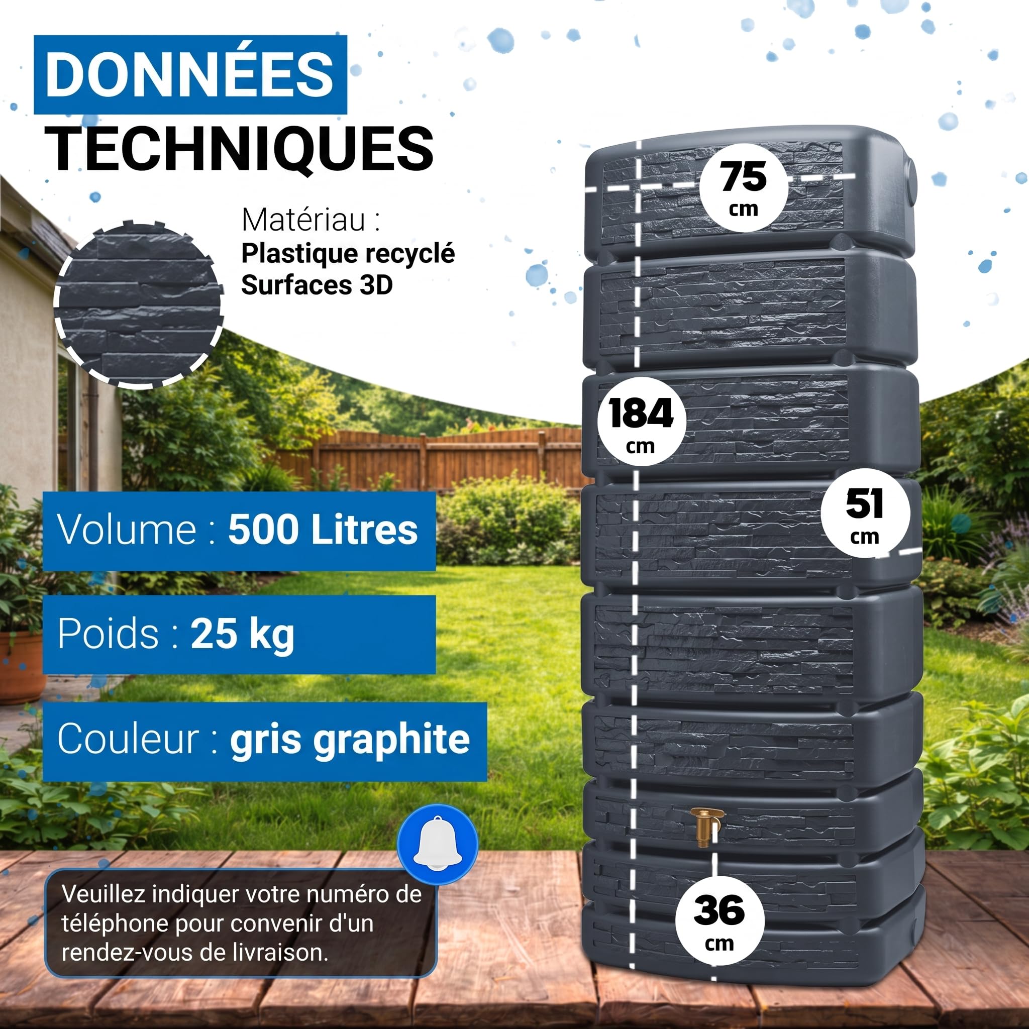 Cuve SLIM STONE - Gris anthracite - 500 Litres