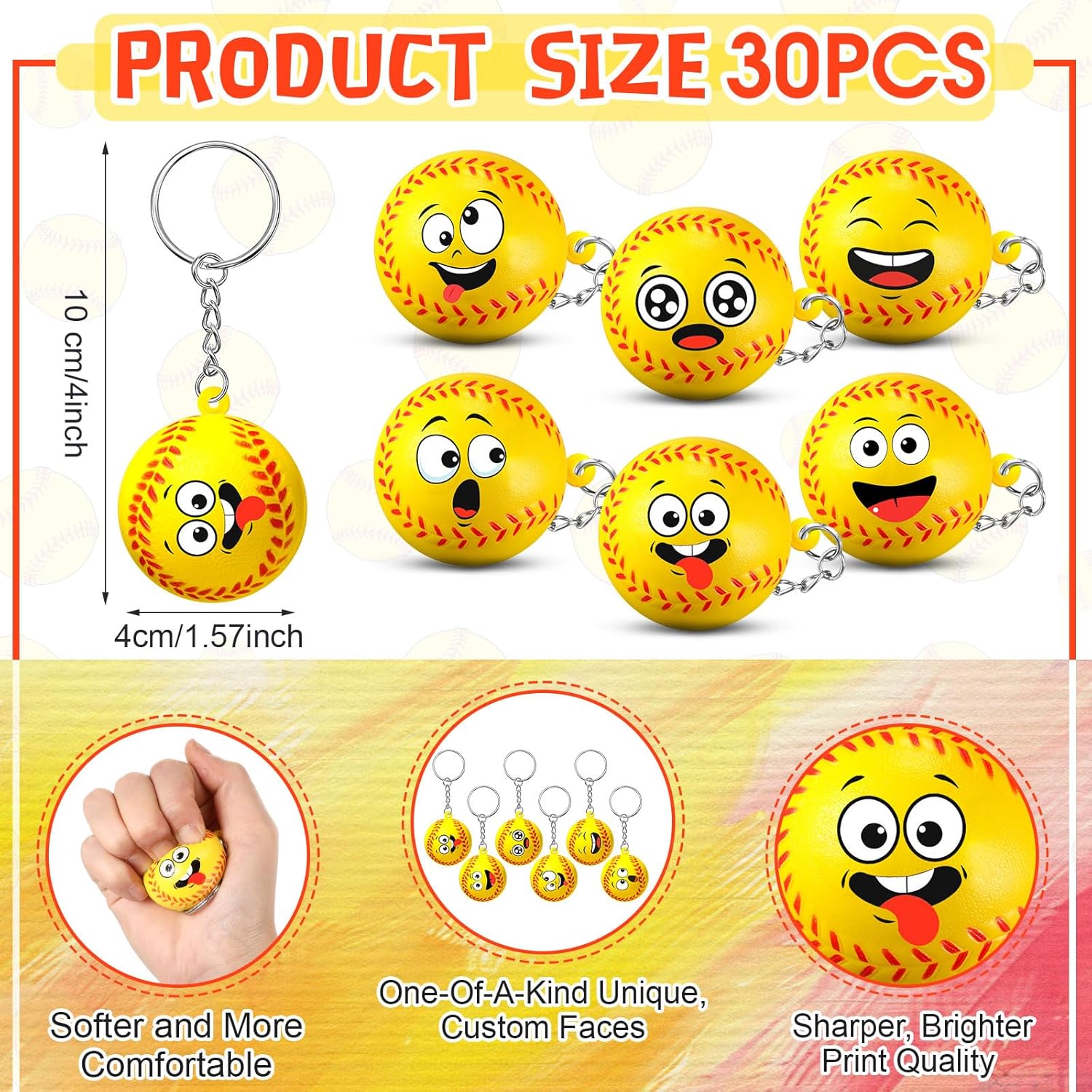 Arrowbash 30 Pcs Softball Party Favors Sports Party Supplies for Boys Girls Funny Mini Face Stress Ball Keychains Cute Relief Balls for Softball Lovers Team Prizes Anxiety Relief Sport Sport Favors