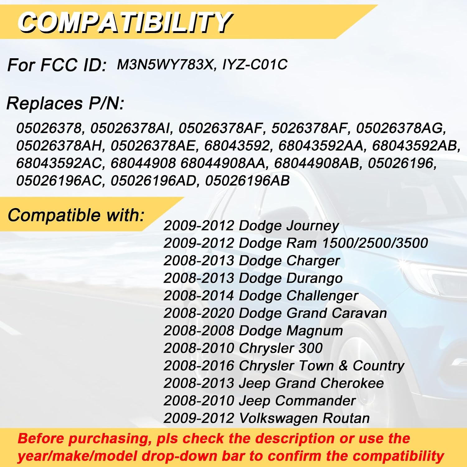 Vurkcy Entry Remote Key Fob Keyless Fit for Dodge Ram 1500 2500 3500, Grand Caravan, Journey, Durango, Jeep Grand Cherokee, Chrysler Town and Country, Replacement for IYZ-C01C M3N5WY783X (Pack of 2)