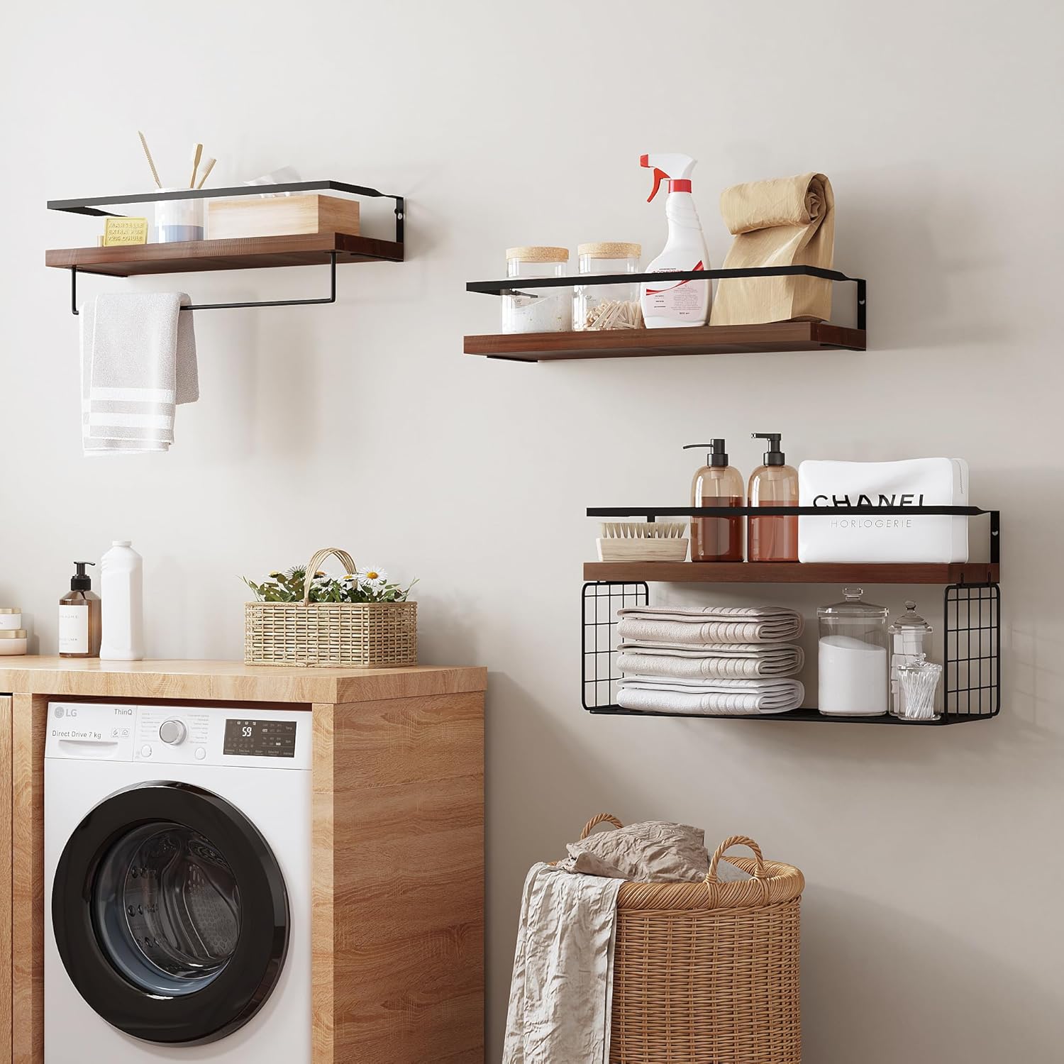 Bathroom Floating Shelves Wall Mounted - 3+1 Tier Rustic Wooden Bathroom Wall Shelves Over Toilet with Wire Storage Basket&Towel Bar, Floating Shelf for Bathroom, Kitchen, Bedroom,Dark Brown