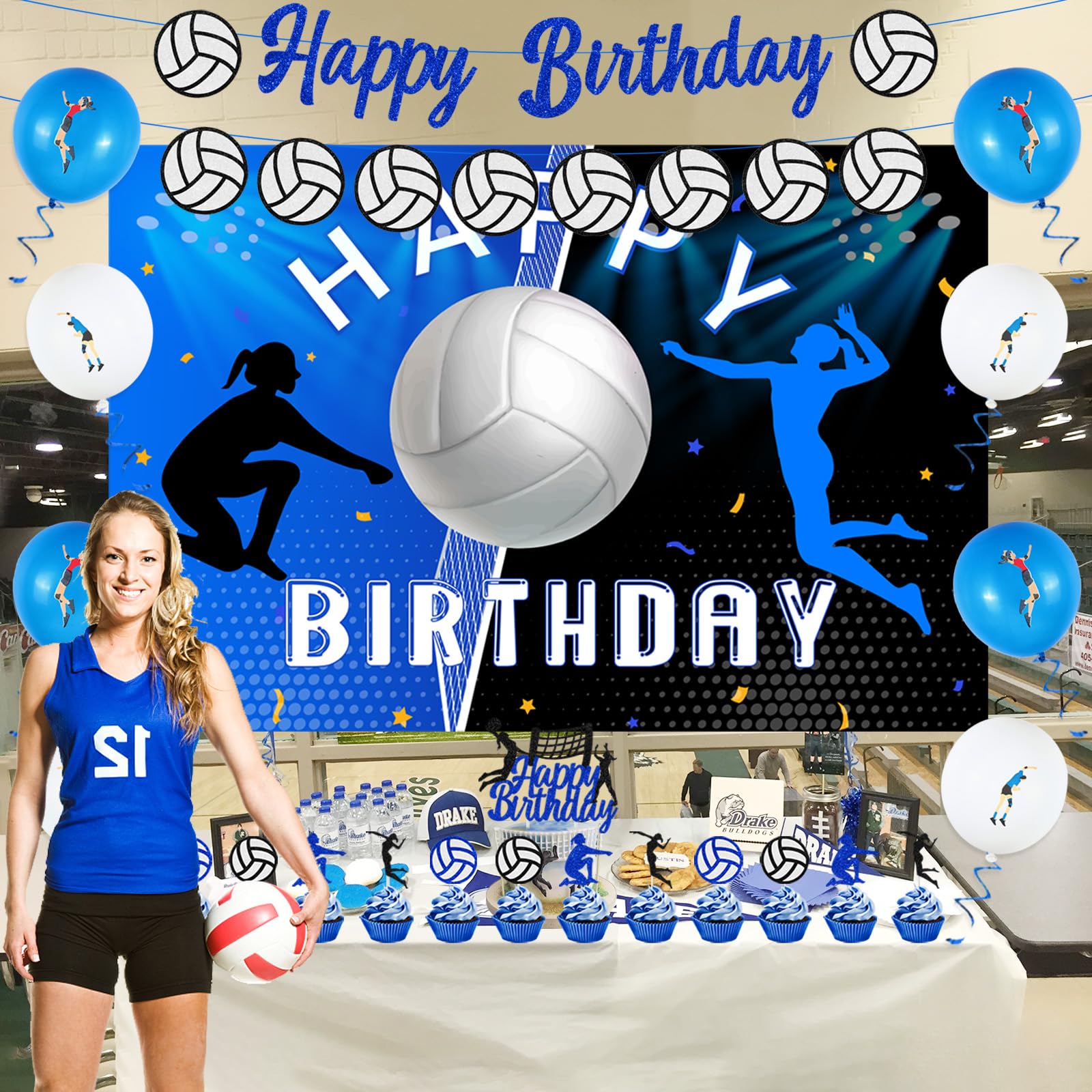 Decoraciones de fiesta de voleibol, 38 piezas temáticas deportivas, suministros de fiesta de cumpleaños, pancarta de voleibol, telón de fondo de voleibol, decoración de pasteles