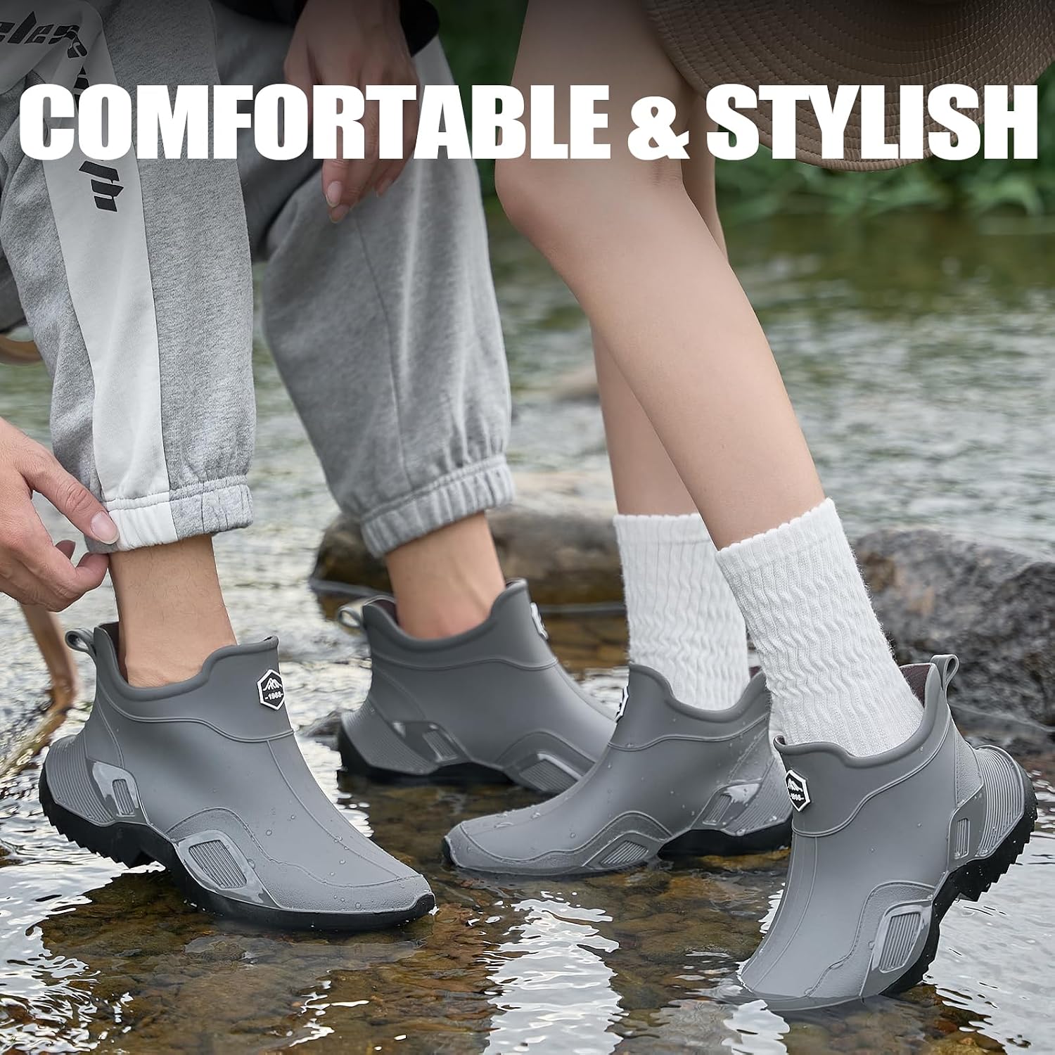 Men's Ankle Rain Boots - Slip On Waterproof Garden Shoes - Comfortable Lightweight black&grey Rubber Fishing shoes