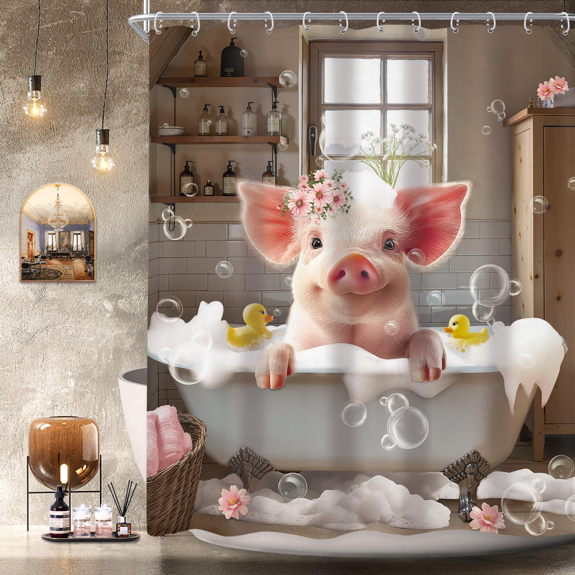 Newsely Fun Pig Shape Shower Curtain - 60 x 72 inches - Rustic Farmhouse Animal Pattern in the Bathtub - Waterproof Shower Curtain for Bathroom - Pink Floral Pattern