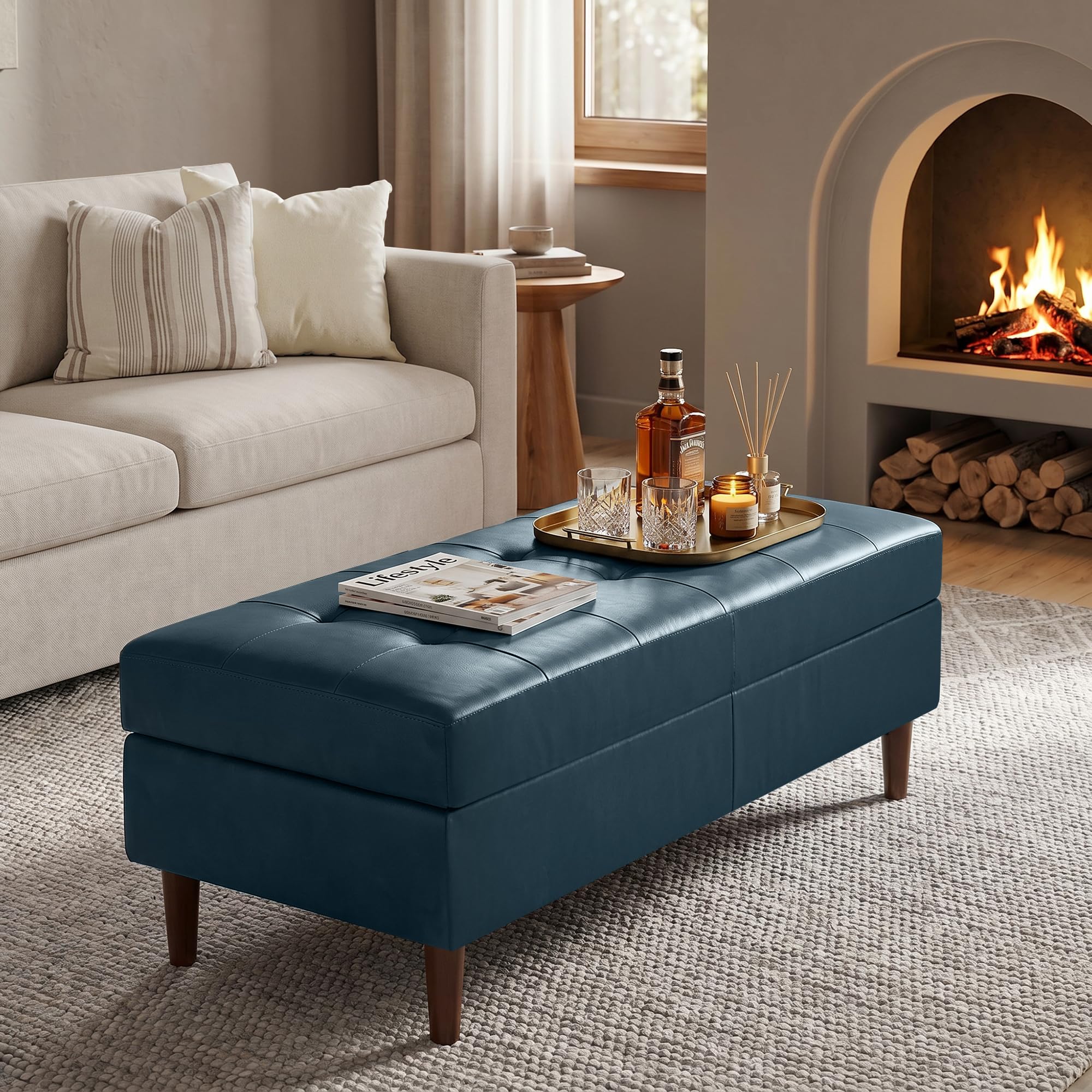 Womina 45” Upholstered Ottoman Coffee Table Bench, Faux Leather End of Bed