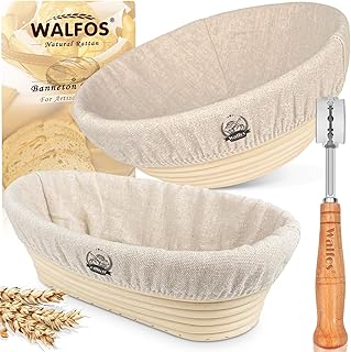 Walfos Bread Proofing Basket Set of 2, Banneton Proving Basket 100% Natural Rattan Sourdough Proving basket for Professional Home Bakers (Round 23cm+Oval 25cm).