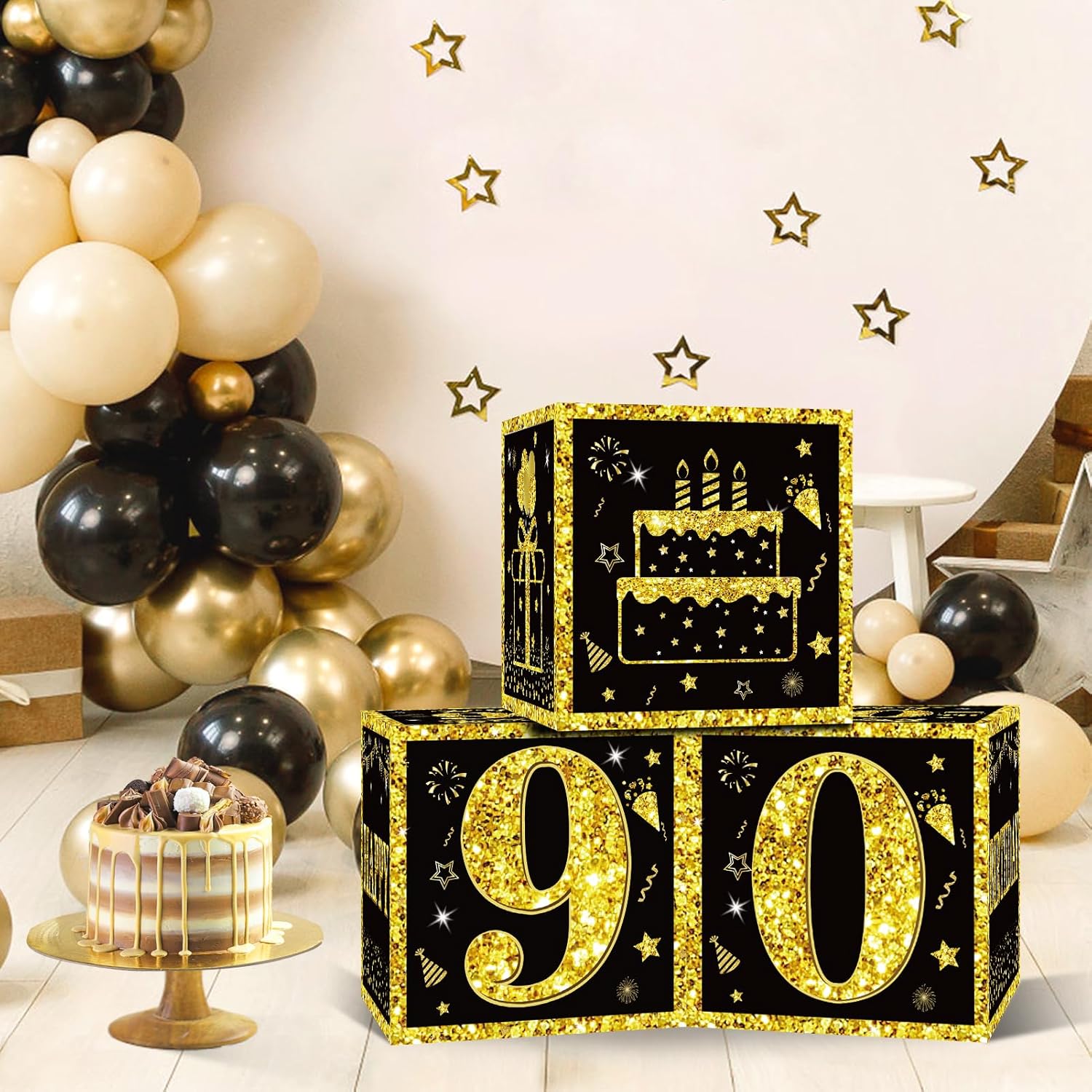 Eiurteao 3pcs 90th Birthday Decorations Boxes for Men Women, Black Gold Happy 90 Birthday Balloons Boxes Party Supplies, 90 Year Old Bday Theme Cardboard Box - Image 2