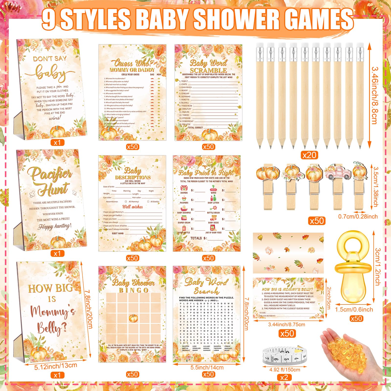Sherr 476 Aquarell-Kürbis-Babyparty-Spiele, 6 Sets, Aktivitätskarten, Schnuller, Jagdspiel, 50 Schnuller, How Big Is Mommy's Belly Schild, 50 Ratekarten, 2 Maßbänder, "Don't Say Baby", 50