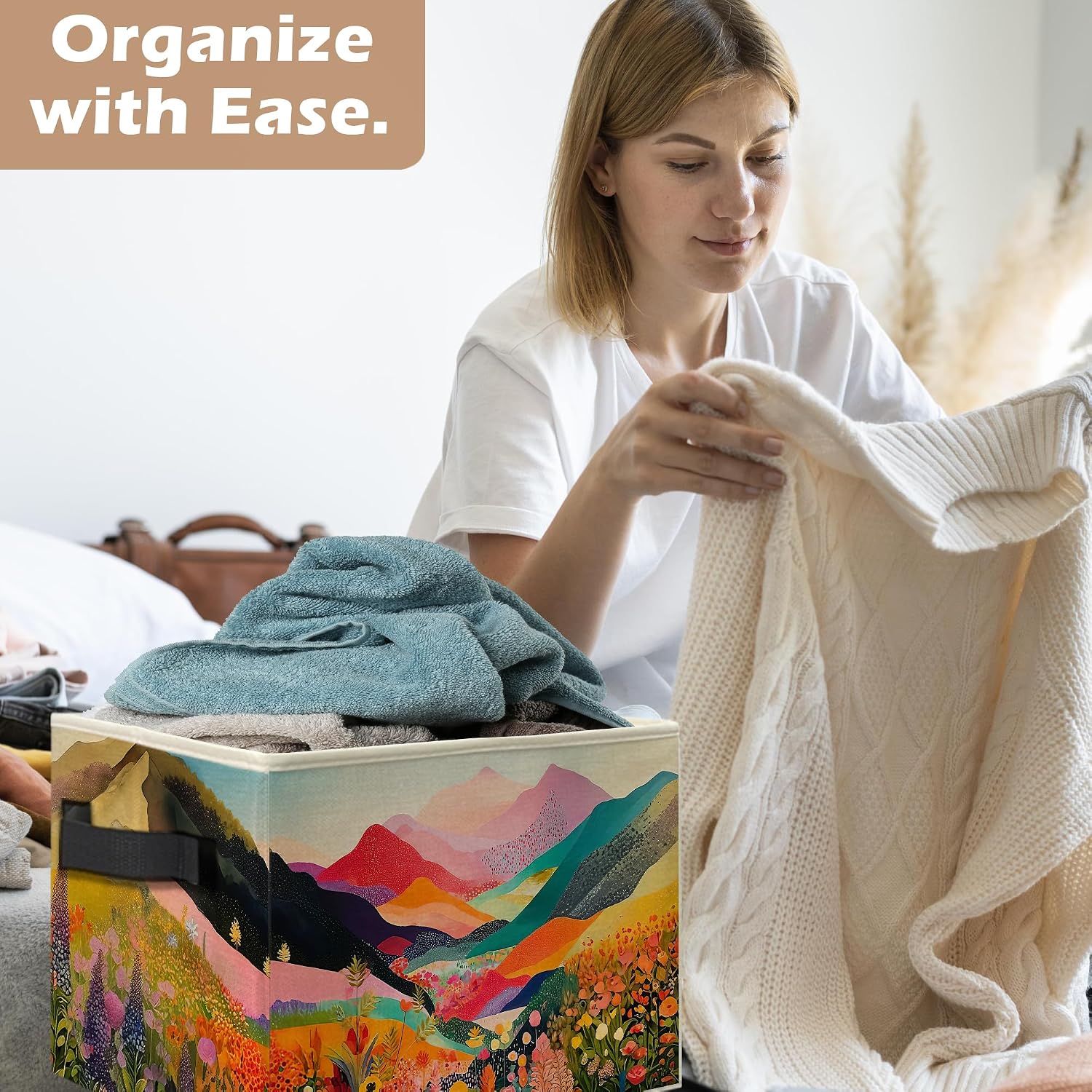 Abstract Colorful Floral Mountain Storage Bins, Maximalist Wildflower Landscape Collapsible Storage Box Laundry Basket with Handle for Home Bedroom Bathroom Office Clothes Toys Books