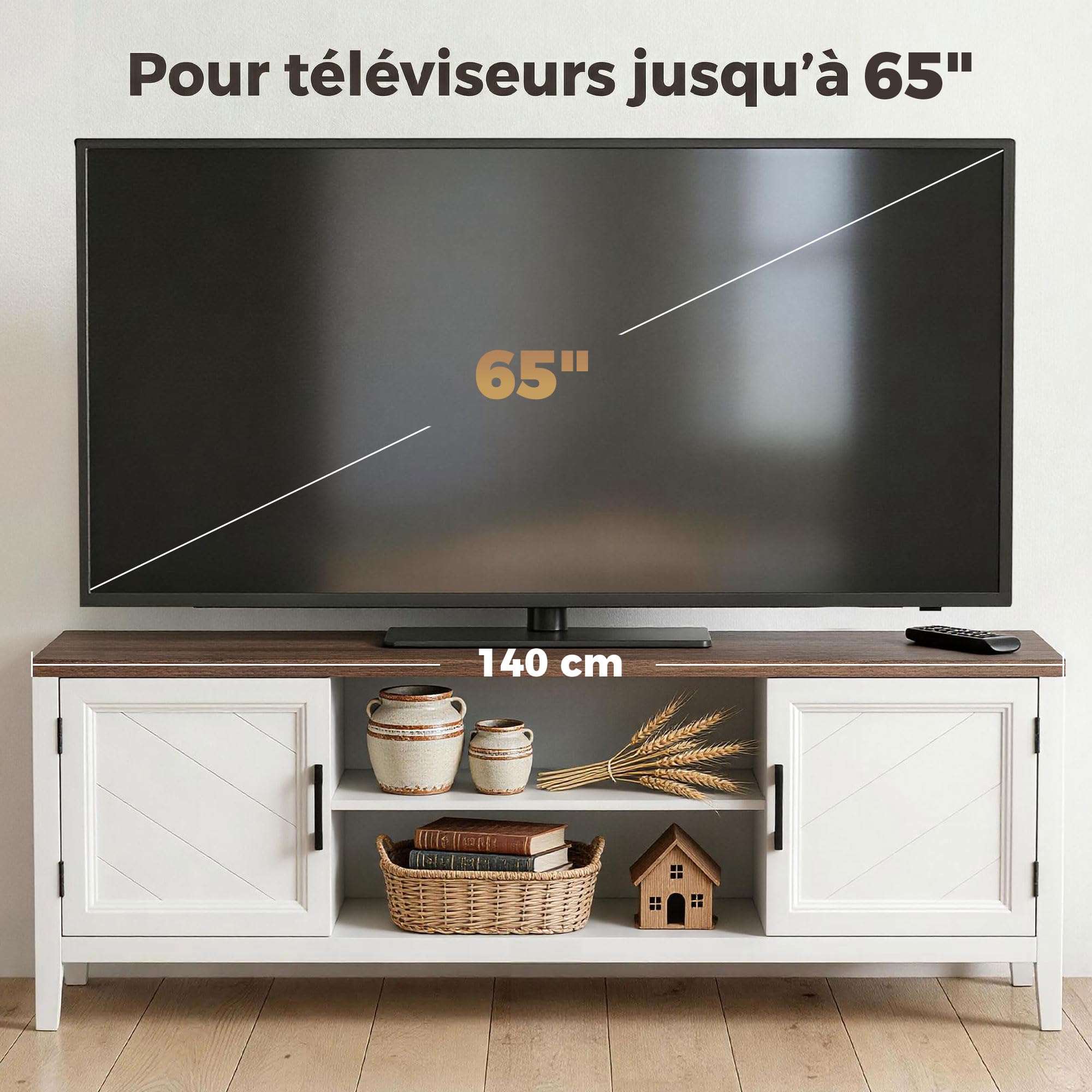 HOMCOM Mobile TV da 140 cm, Mobile TV per TV fino a 42 pollici con 2 ante 2 scomparti aperti, stile rustico, Panca TV per soggiorno, camera da letto, bianco e marrone