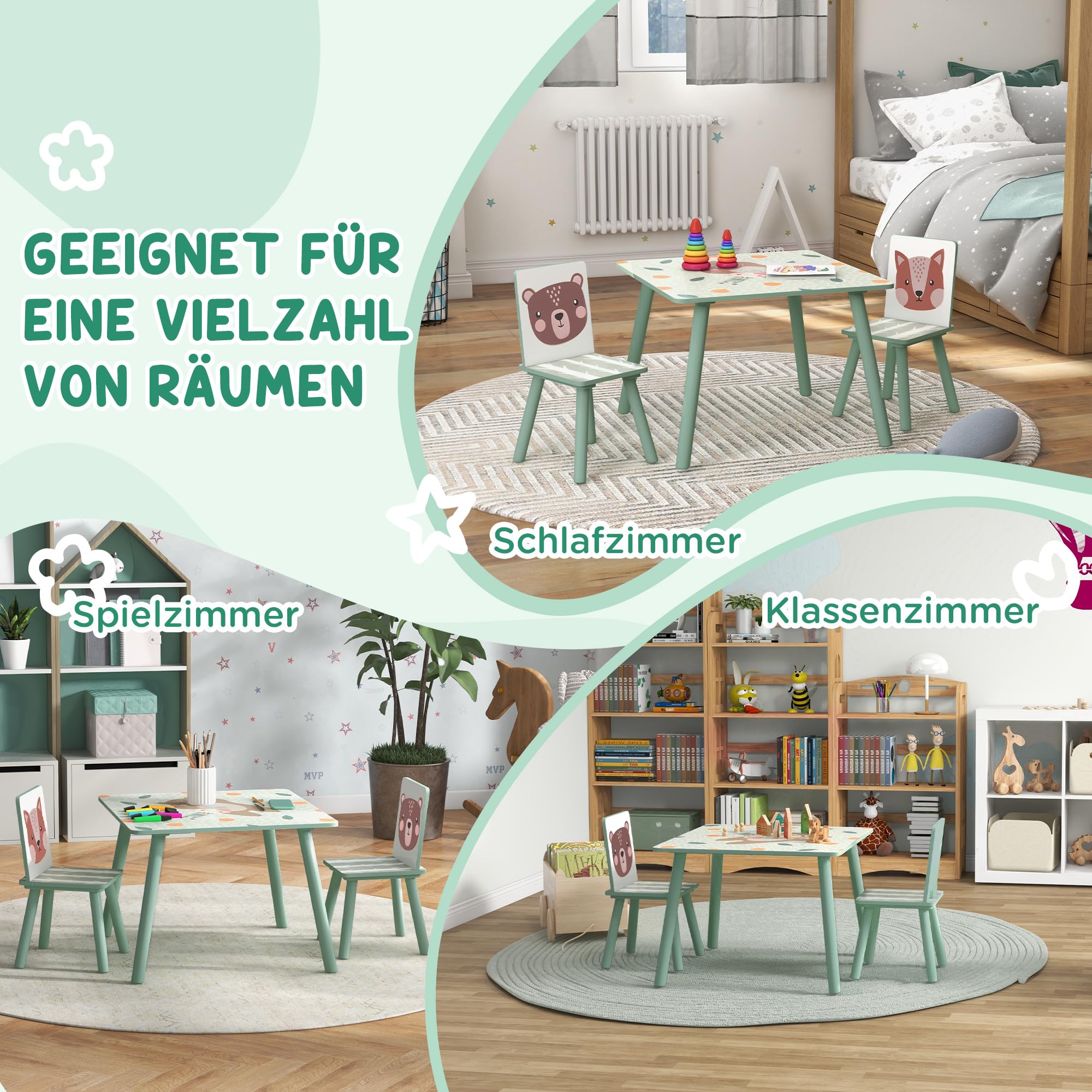 ZONEKIZ Kindertisch mit 2 Stühlen 3-teilig Kindersitzgruppe mit Tiermotiv, Kinder Tisch Stuhl Set Kindermöbel Sitzgruppe für Kinderzimmer, Kindergärten, für 3-8 Jahren Kinder, Grün