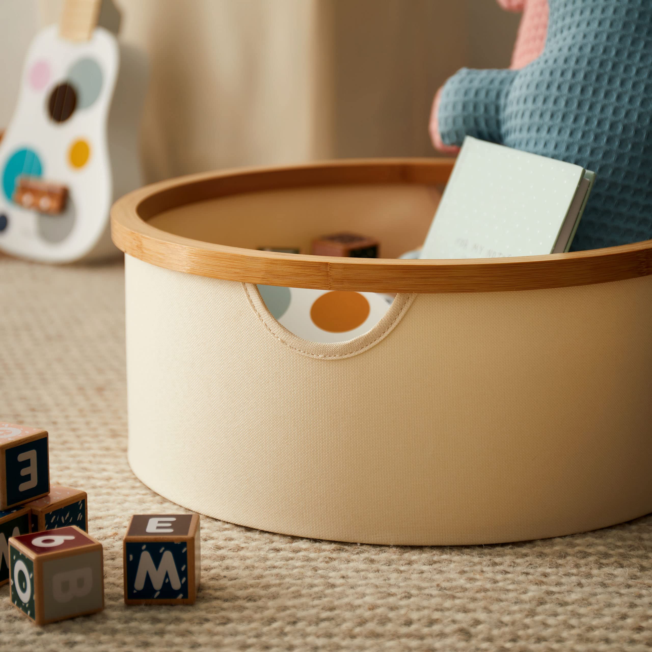 Lumaland Bambus-Rahmen Aufbewahrungsbox 3er Set rund | Boxen in den Maßen ø 45 x 20 cm, ø 38 x 16 cm und ø 30 x 12 cm [Beige]