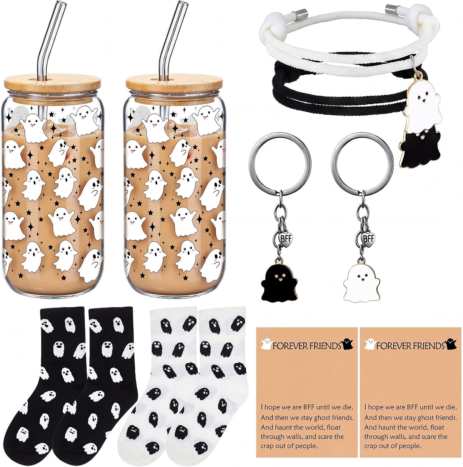 Honeydak 10 Pcs Halloween Best Friend Boo Basket Gifts for Women, 16 oz Ghost Glass Coffee Cups, Cute Ghost Spooky Magnetic Bracelets, BFF Keychains, Socks and Funny Cards for Boo Basket Stuffer