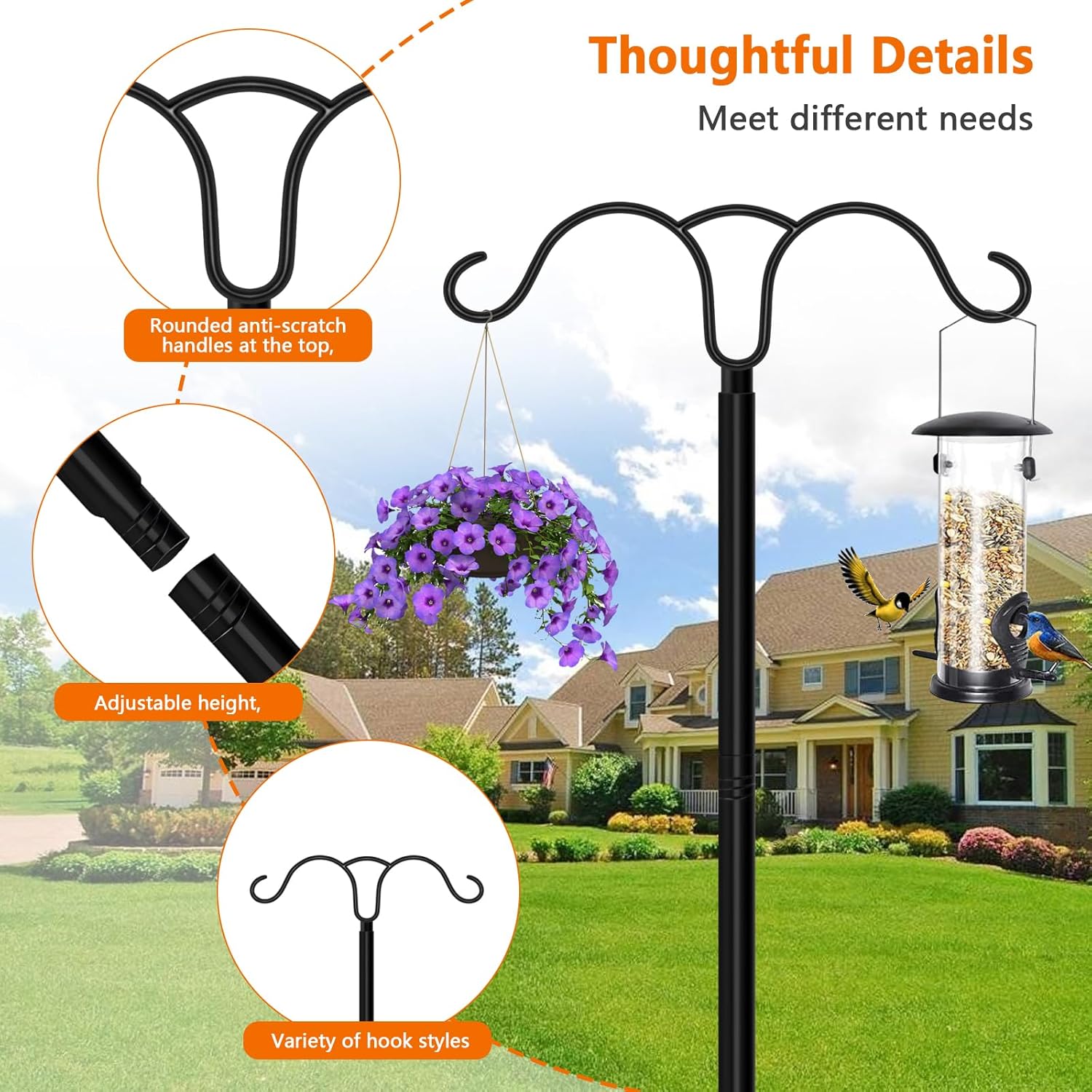 Heavy Duty Double Shepherds Hooks for Outdoor,110 Inch Adjustable Bird Feeder Pole,Shepherds Hook for Hanging Flower Baskets,Feeders,Decorative String Lights,Wind Chimes,Flags