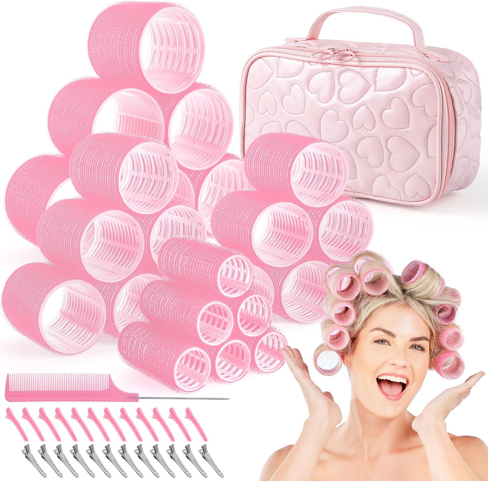 - 4 Sizes Hair Rollers with Gift Makeup Bag, Pink Rollers Hair Curlers for Long, Short Hair and Bangs Women Girls, Birthday Mothers Day Gifts