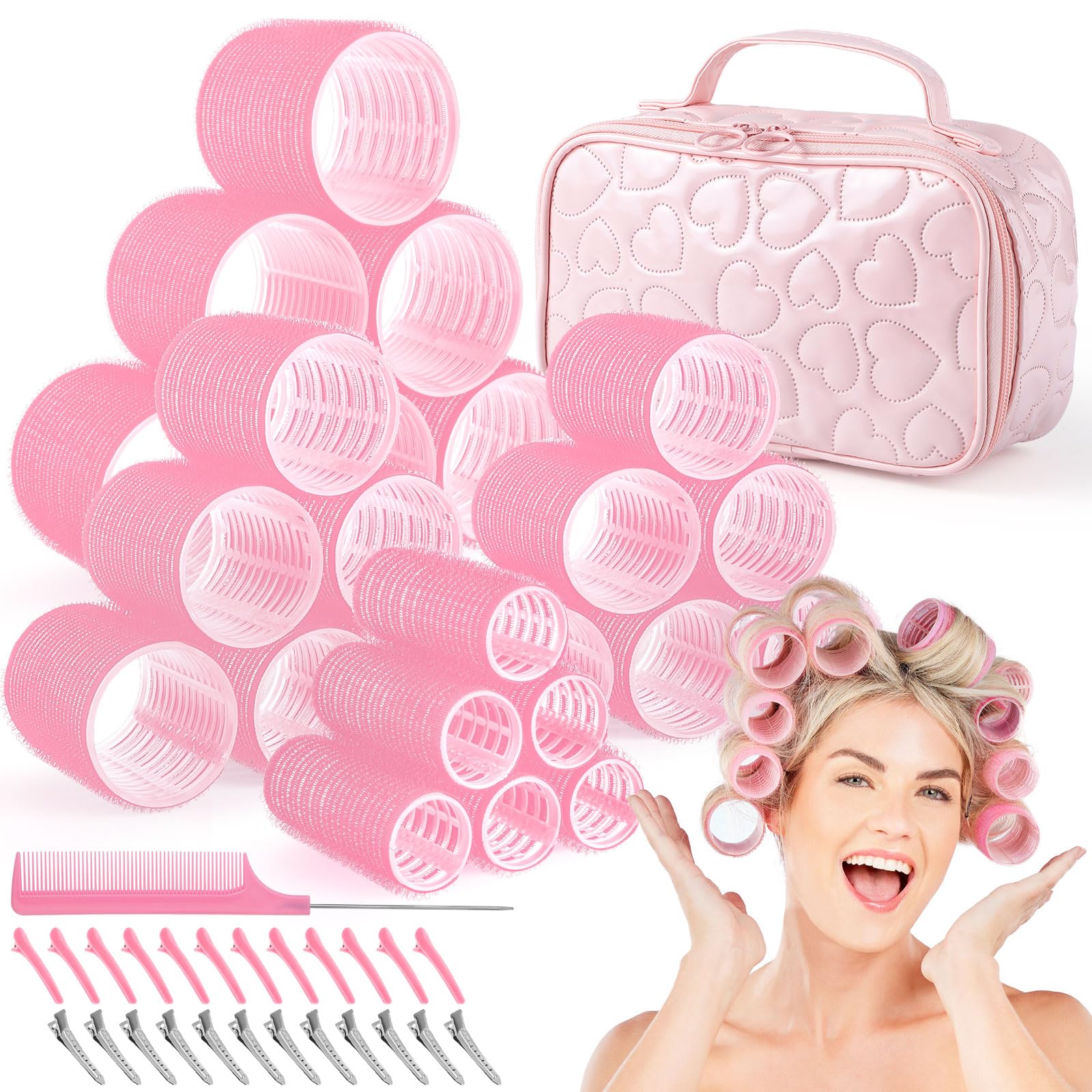 Obeoby 4 Sizes Hair Rollers with Gift Makeup Bag, Rollers Hair Curlers for Long, Short Hair and Bangs, Red Birthday Valentines Day Gifts for Her Women Girls Pink