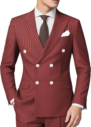 Mens Pinstripe Suit 2 Pieces Regular Fit Double-Breasted Blazer Pants for Wedding Suit Groom Prom Tuxedo Suit