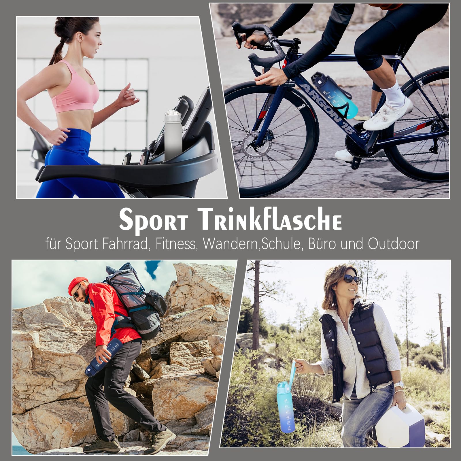 AOPREL Butelka na napoje 1 l, nie zawiera BPA, butelka sportowa, szczelna, ze znacznikami czasu, na rower, do fitnessu, biura, szkoły, jogi, na zewnątrz (1 szt.)