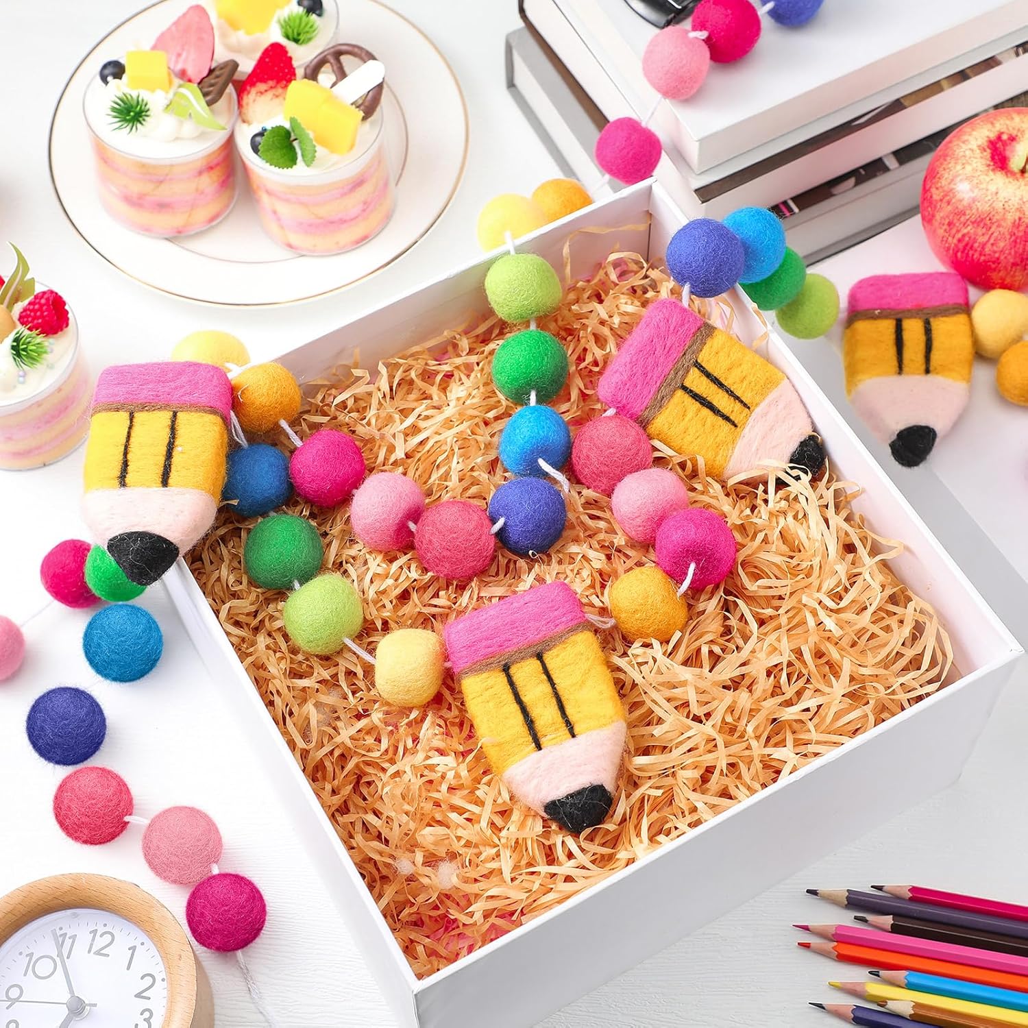 2 Pcs 13.2 ft Felt Pencil Banner for School Classroom 3D Pencil Garland Colorful Pompom Ball Hanging Banner Welcome Back Garland for Classroom First Day of School Decorations(Rainbow)