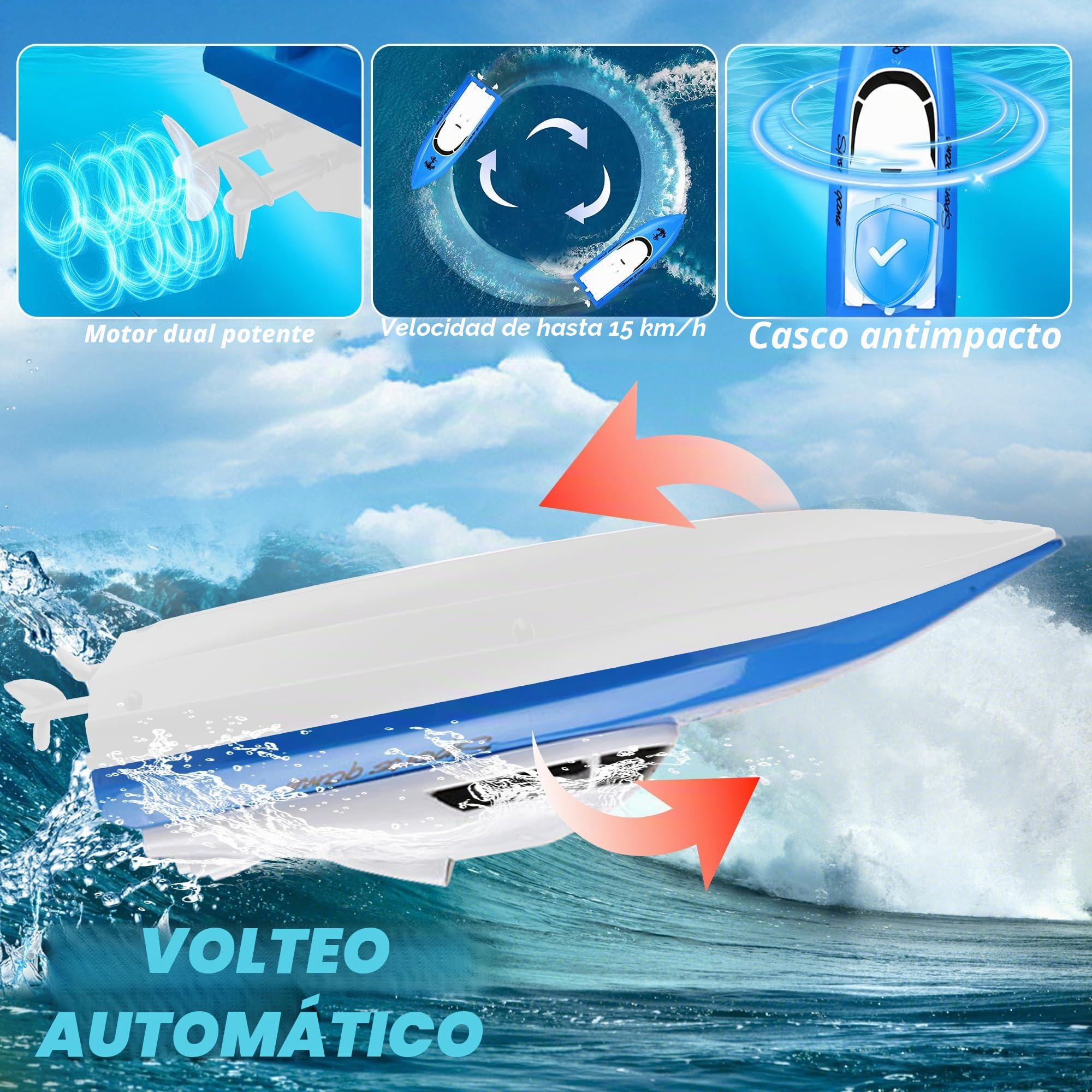 Barco Teledirigido para Niños,Más de 100 Minutos de Tiempo de Juego, 2,4 GHz de Alta Velocidad para Lago,Piscina o Estanque con Batería de 1800 mAh,Juguete Acuático de Regalo para Niños y Niñas(Azul)