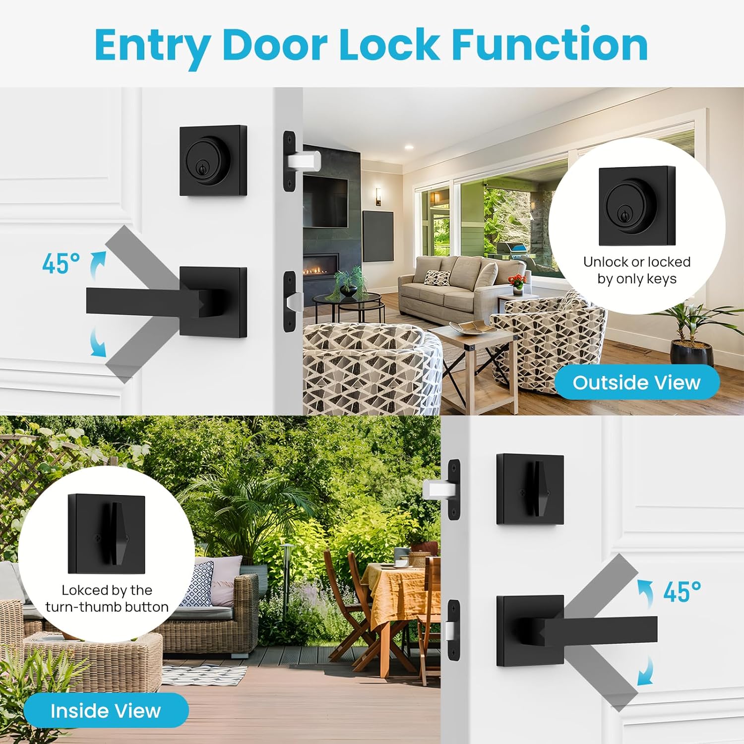 Estmoon Exterior Door Handle and Deadbolt Set, Passage Door Lever and Single Cylinder Deadbolt Lock Modern Square Entry Door Lock Set Flat Black Handleset for Entrance, Front, Office Doors, 1 Pack