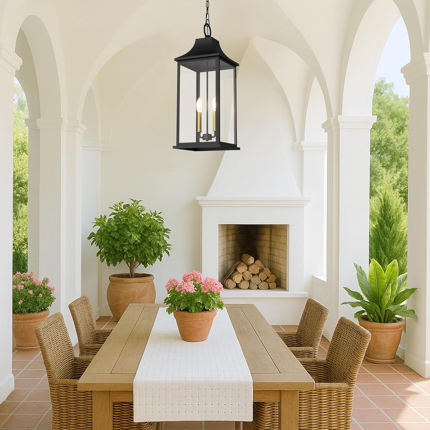 20.5" Outdoor Pendant Light, Outdoor Hanging Lantern Light with Adjustable Chain, Black Outside Chandelier Light Fixture with Clear Glass, Exterior Ceiling Mount Light for Porch, Patio
