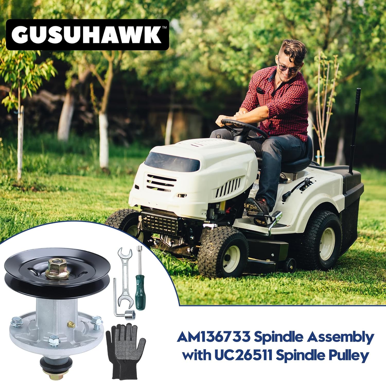 Pre-Greased AM136733 Spindle Assembly with UC26511 Pulley Replaces John Deere Spindle AM143469, AM136733, AM137097, M151720 for John Deere X300, X304, X310, Z225 Lawn Tractors