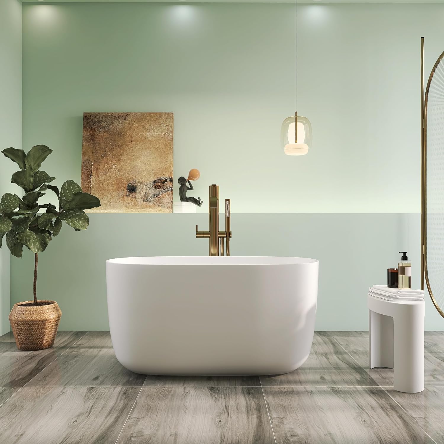 47" Premium Small Solid Surface Free Standing Bathtub, Unique Oval Stand Alone Stone Resin Tub with Overflow and Pop-up Drain, Matte White