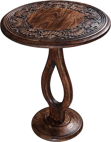 Vista 24 de Mesa auxiliar redonda, mesa auxiliar redonda, mesa decorativa de madera, mesa auxiliar pequeña, mesa auxiliar de madera tallada, mesa auxiliar, mesa