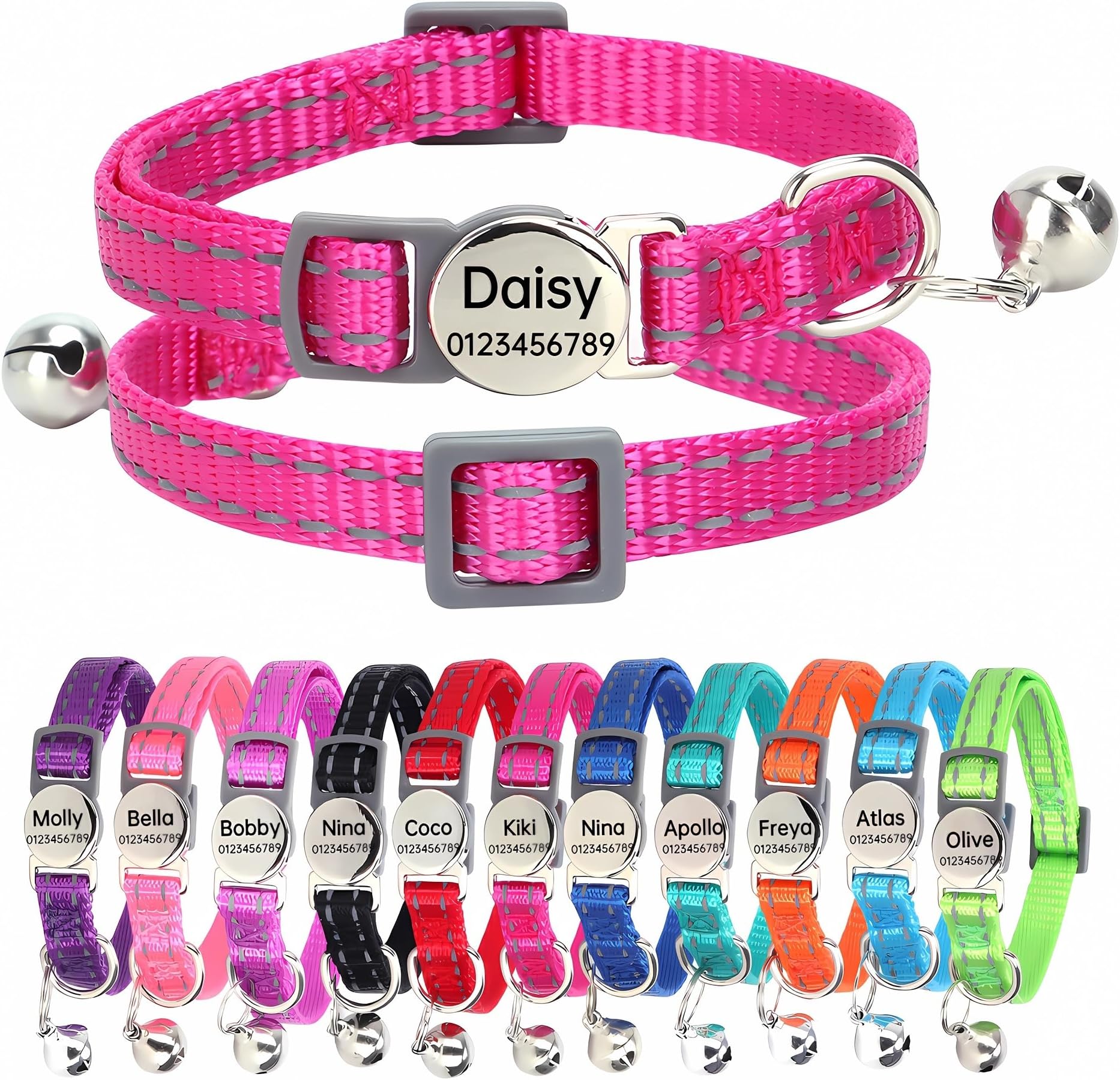 JK Leather Cat Collar, Safety Elastic, Bell & Engraved Nickel Tag (Red